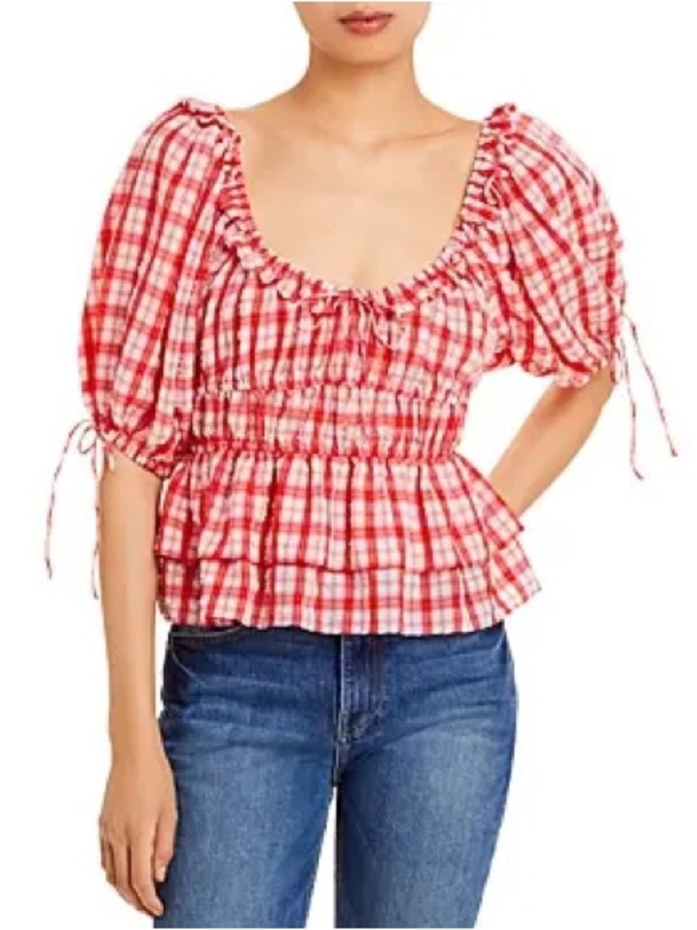 En Saison Isadora cropped blouse Women’s Red Plaid Peplum Puff-Sleeve Top Sz L